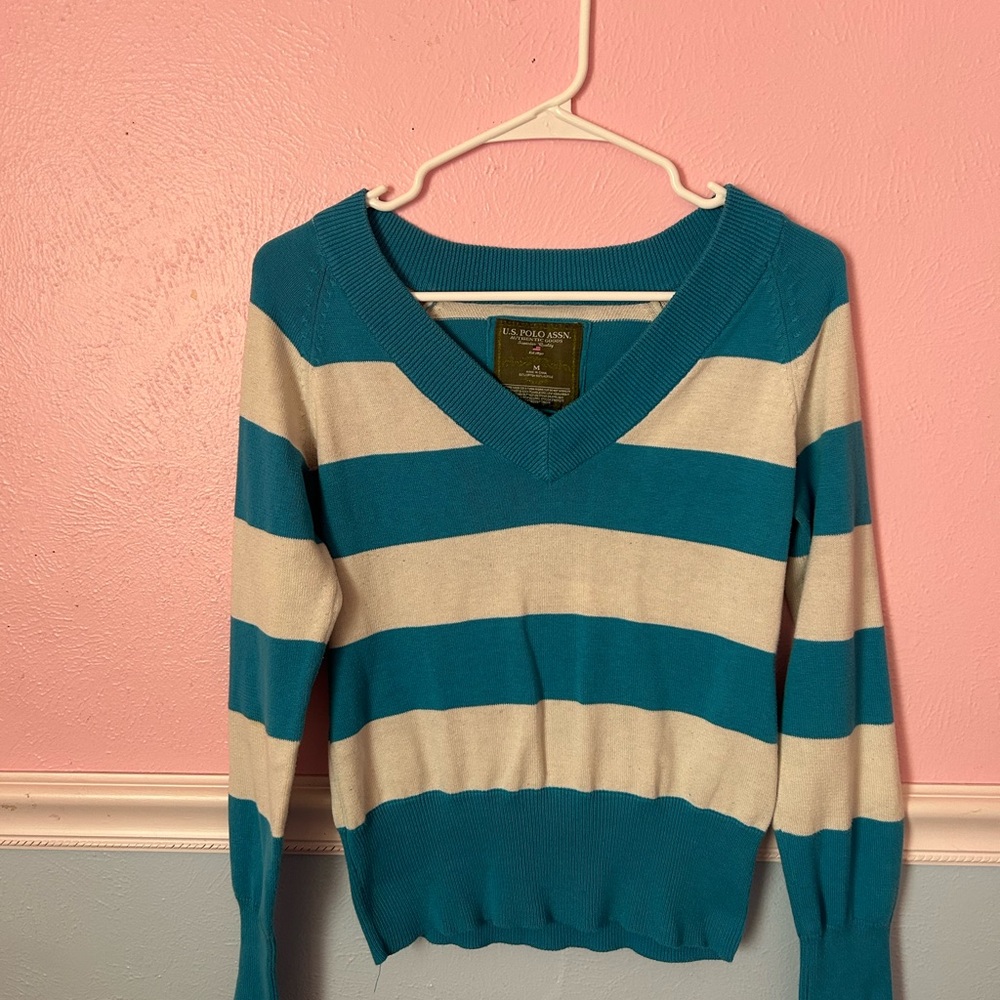 U.S. Polo Assn. Teal and Cream Striped V-Neck Sweater
